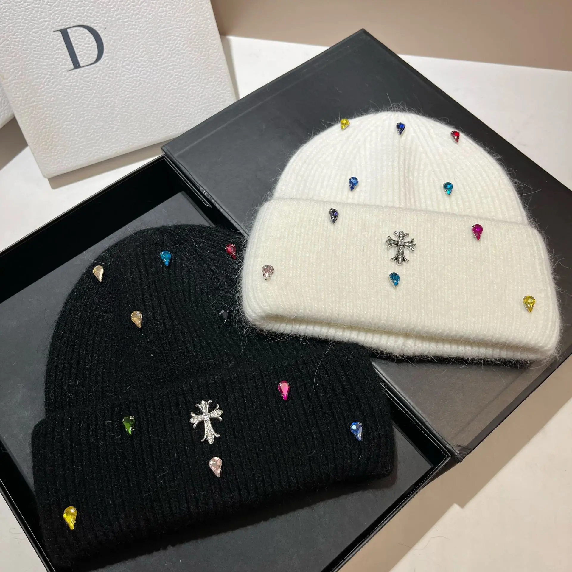 Women's Plush Knit Beanie with Rhinestone Cross, Warm Winter Hat with Windproof Earmuffs and Adjustable Bi-fold Cuff, Dragon Fruit, Coffee