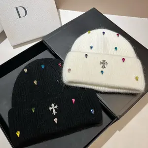 Fashion Cross Light Luxury Colorful Rhinestone Artificial 100% Plush Knitted Hat Winter Beanie with Earmuffs for Outdoor Warmth and Fashion