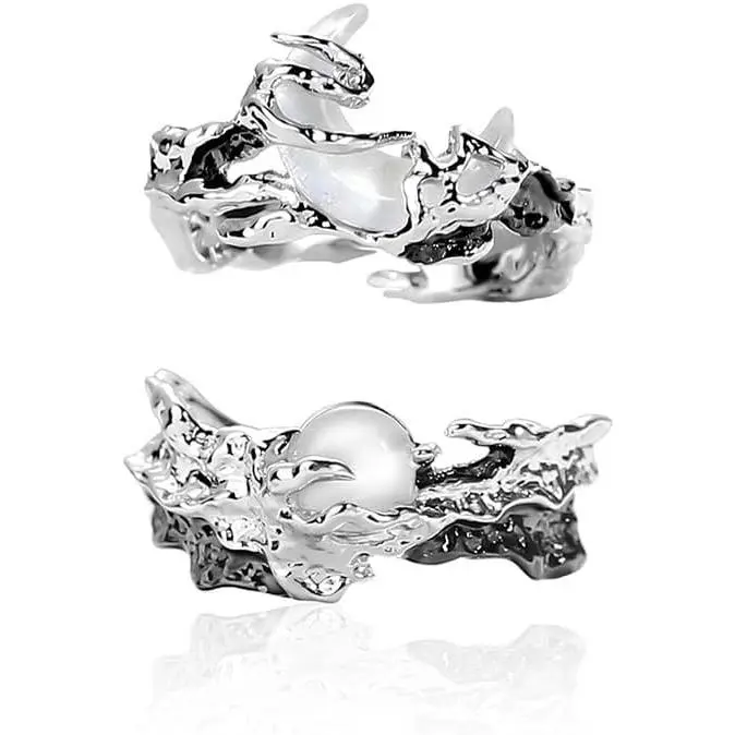 Simple Heart Matching Rings for Couples, Adjustable Engagement Promise Band Set for Him and Her, Romantic Valentine's Day Gift, Daily, Everday, Female, Letter Heart Cubic Zirconia, Unisex, White Wing Cubic Zirconia