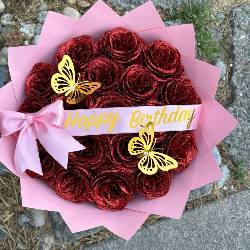 Red Glitter Artificial Roses Bouquet with Te Amo Ribbon and Gold Butterflies for Special Occasions