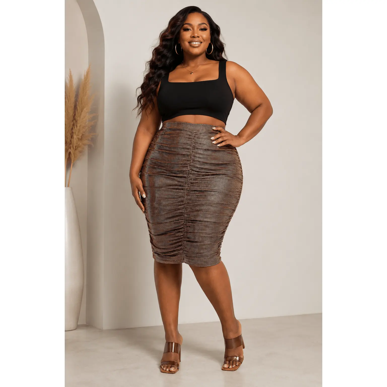 Women's Athena Plus Size Metallic Gold Ruched Below-the-Knee Skirt - 1x, 2x - for Party, Holidays, Brunch