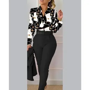 Elegant Women's Printed Two-Piece Suit Set - Spring Autumn V-Neck Long Sleeve Shirt & Long Pants with Belt, Casual Clothes 2 piece set