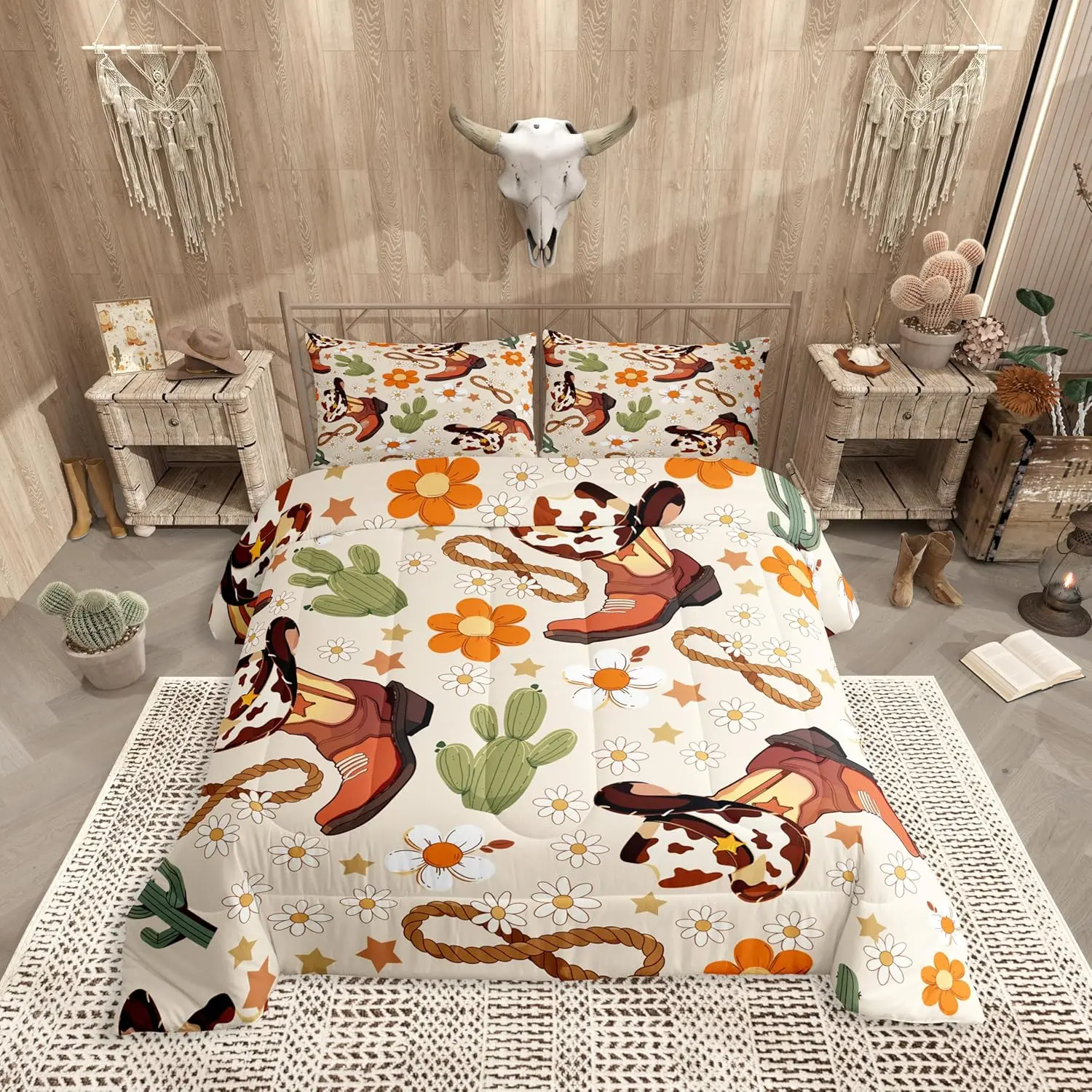 Western Comforter Set All Season Cowgirl Floral Bedding Set s Western Cowboy Boots Kids Bedclothes Wild West Cactus Flower Bedroom Decor Orange Beige Duvet Quilt Soft