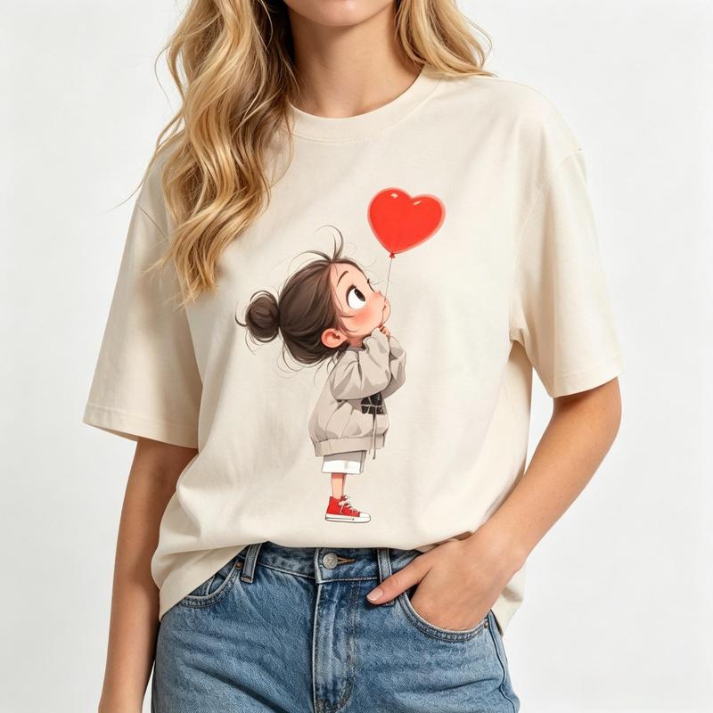 Women's Oversized Cream Cartoon Print T-Shirt - Cute Girl, Messy Bun, Heart Balloon, Cardigan Graphics, Crew Neck, Short Sleeve, Beach-Friendly Fabric, Y2K Aesthetic Streetwear Summer Casual Top