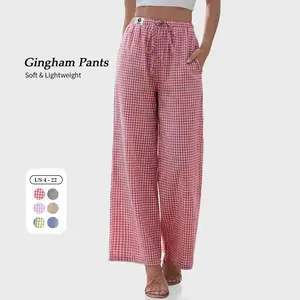 【SS26 Collection】TARSE Womens Linen Striped Gingham Wide Leg Pants Palazzo Drawstring Lounge Pajama Pants Cute Casual Trousers with Pockets