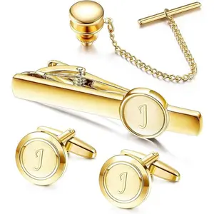 Drperfect Initial Cufflinks and Tie Clip Set for Men Personliazed Stainless Steel Cuff Links Tie Bar and Tie Pin Letter Alphabet A-Z for Wedding, Groomsmen, Husband, Father