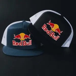 Red Bull Logo Trucker Hat, Embroidered Racing Snapback Cap, Black White Mesh Back Flat Bill Hat, Adjustable Energy Drink Motorsport Fan Gift