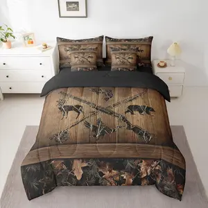 Rustic Farmhouse 7 Piece Bedding Sets,Retro Camo Cabin Lodge Comforter Set,Hunting Fishing Bed in A Bag,Wildlife Bear Deer Fish Duck Sheet Set