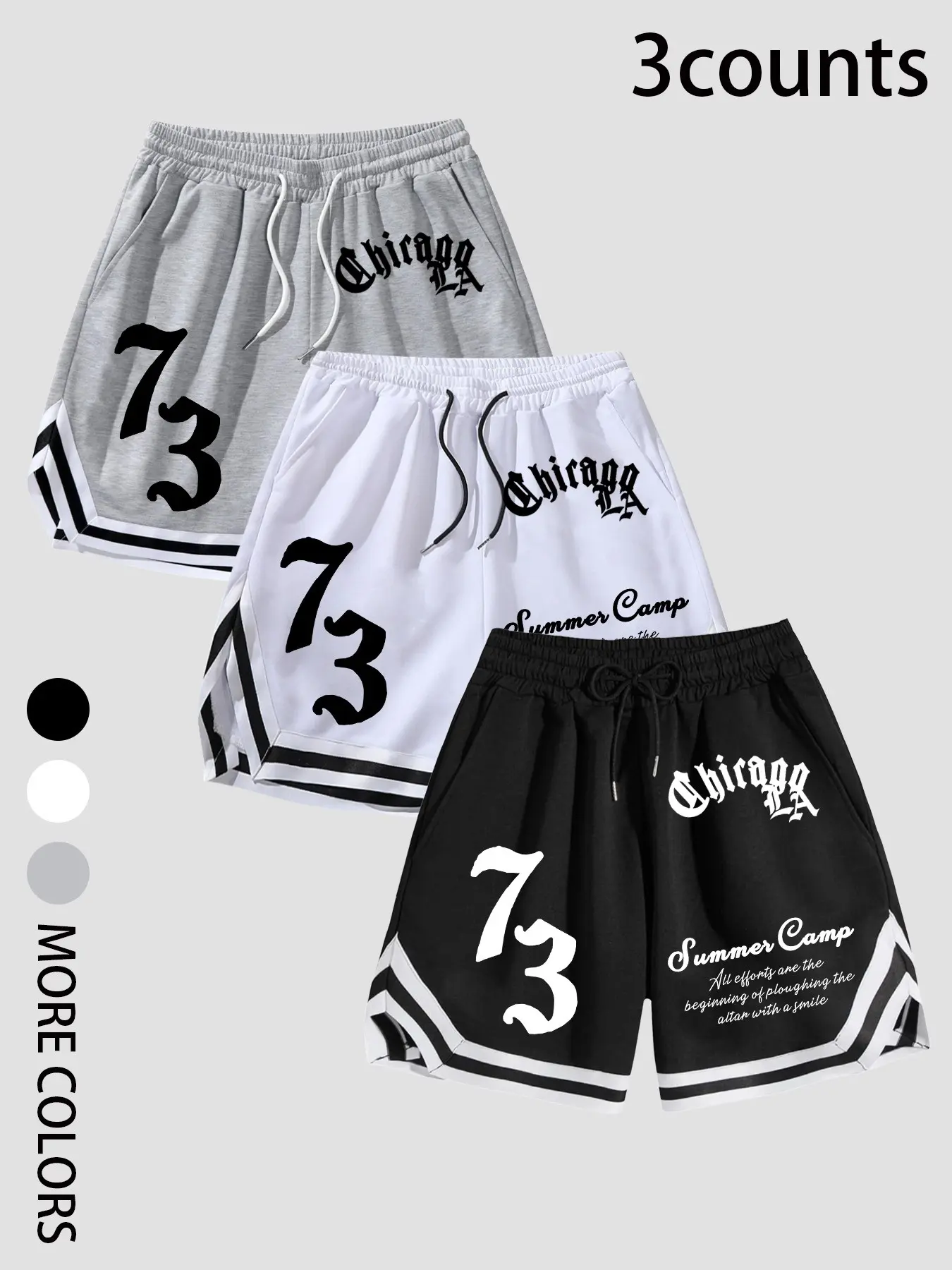 Chicago "73" Gothic Print Basketball Shorts 3-Pack - Y2K Streetwear Striped Hem Athletic Sweat Sporty Shorts for Summer Casual & Gym Outfits