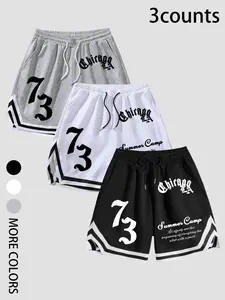 Chicago "73" Gothic Print Basketball Shorts 3-Pack - Y2K Streetwear Striped Hem Athletic Sweat Sporty Shorts for Summer Casual & Gym Outfits
