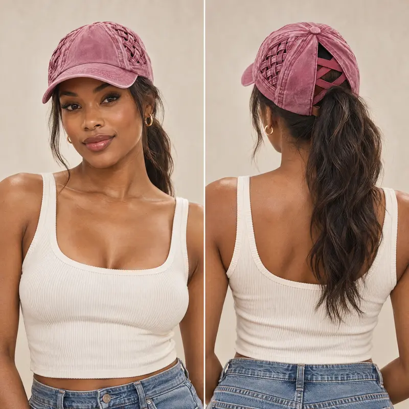 Criss-Cross Woven Basket Ponytail Cap for Women - Soft Cotton Material, Unique Design Dress Up Hat Snap Back Hat