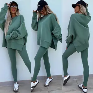 2pcs Women's Solid Round Neck Drop Shoulder Long Sleeve Sweatshirt and Pants Casual Suit, Autumn/Winter Fit Clothes