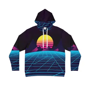 Retro Sunset Hoodie, Vaporwave Aesthetic Hoodie, 80s Synthwave Grid Pullover, Neon Cyberpunk Hoodie for Men &amp; Women