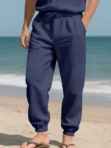 Men's Fall Outfits Solid Color Linen Elastic Waist Drawstring Pants for Daliy Wear, Old Money Casual Sporty Long Trousers, Essential Men's Wardrobe Item