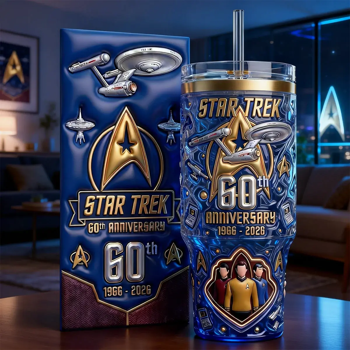 Star Trek 60th Anniversary 1966-2026 40oz Tumbler with Straw, USS Enterprise Insulated Travel Cup, Classic Sci-Fi Space Crew Fan Gift, Retro Collectible Drinkware for Trekkies