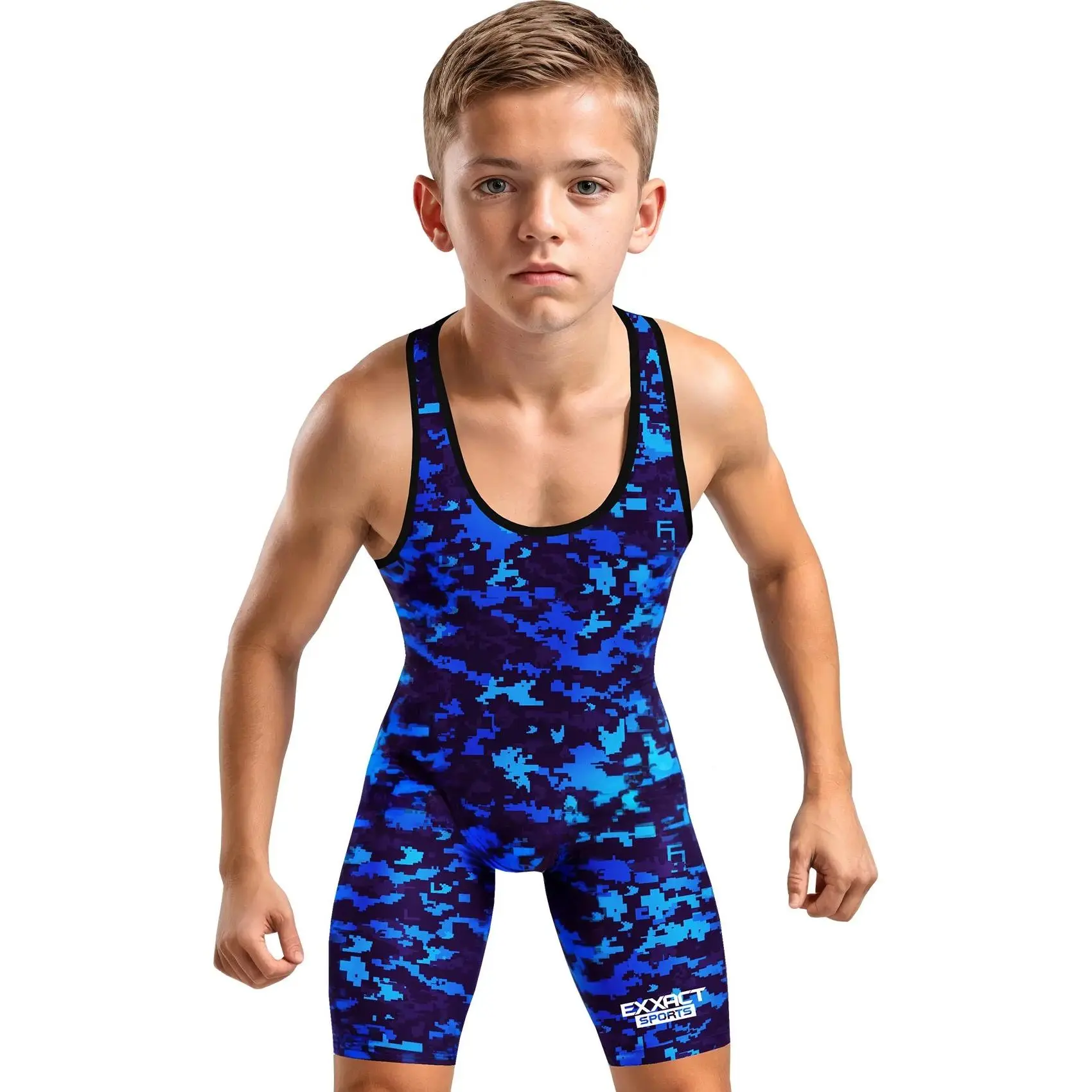 Exxact Sports Camouflage Youth Wrestling Singlet For Boys, Premium Powerlifting Singlet, Kids Wrestling Singlets (Royal Blue Camo)