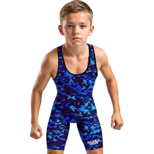 Exxact Sports Camouflage Youth Wrestling Singlet For Boys, Premium Powerlifting Singlet, Kids Wrestling Singlets (Royal Blue Camo)