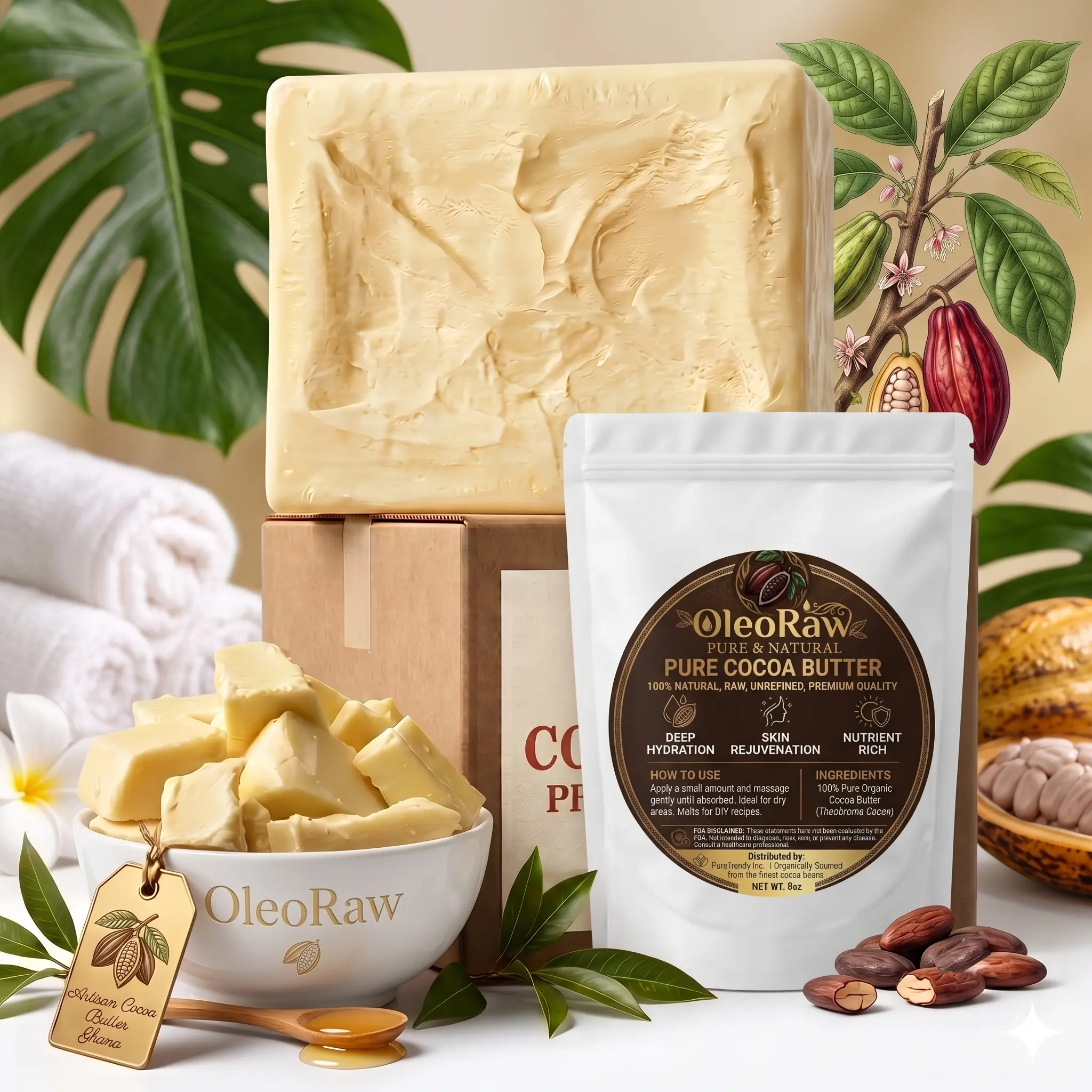 Raw Unrefined Cocoa Butter Chunks – 100% Pure Natural Cocoa Butter for DIY Body Butters, Stretch Mark Prevention, Vegan & Fragrance-Free Solid Chunks in Resealable Bag