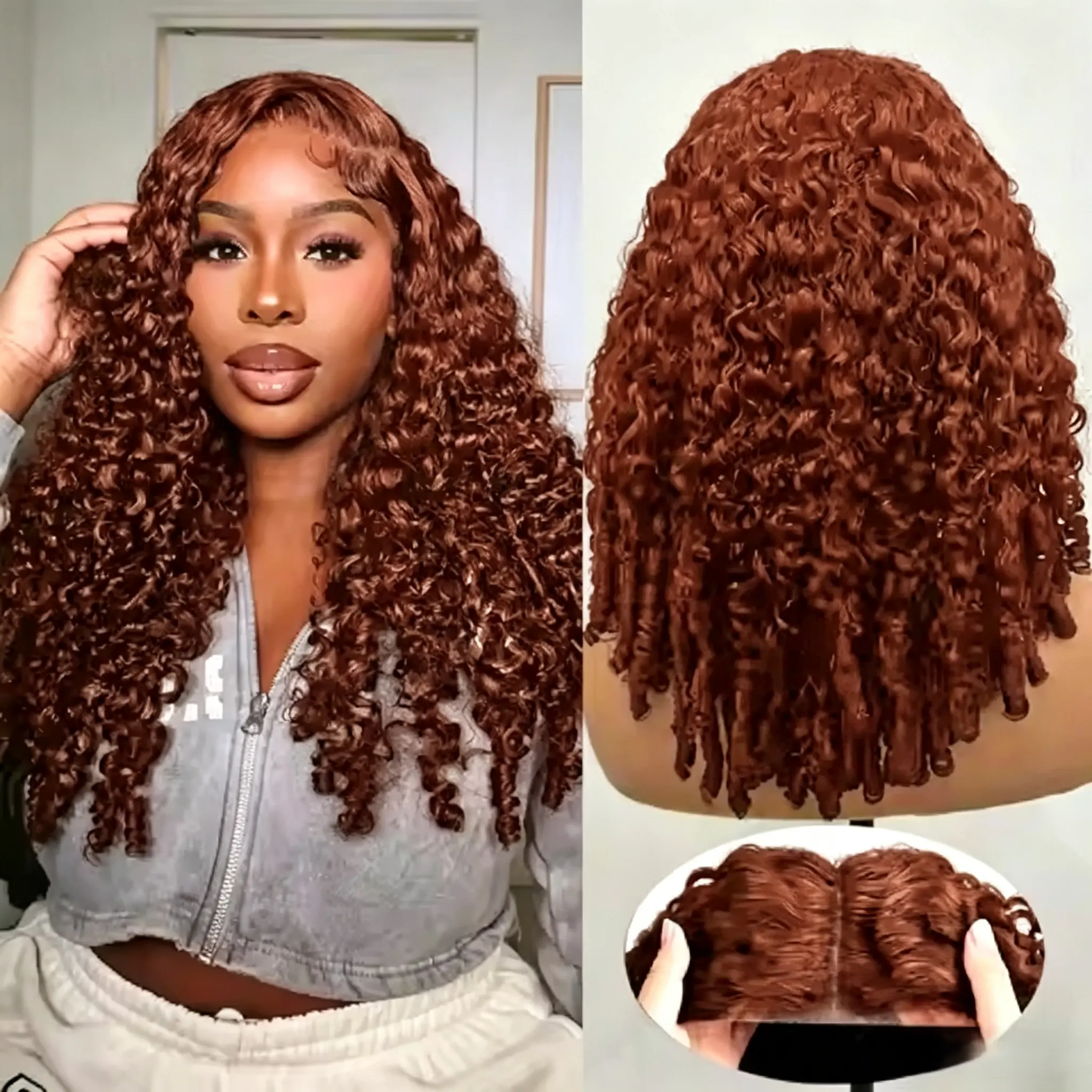 MYLOCKME Cheap Reddish Brown Burmese Curly Lace Frontal Wigs Drawstring Wig Glueless 13x6 Lace Frontal Human Hair Wigs Wear&Go Curly Human Hair Lace Wigs For Summer Party