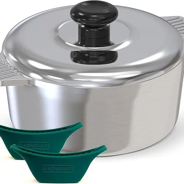 MAGNAWARE 3 Quarts Round Dutch Oven with Lid Polished Aluminum Non-Stick Cookware with Silicone Handles for Easy Grip & Superior Heat Distribution