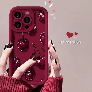 Sexy Wine Cherry Pattern Phone Case , Soft Silicone Tpu Protection and Shockproof For iPhone 17 16 15 Pro Max 14 16Pro 13 12 11 X Plus Air Mini Girl
