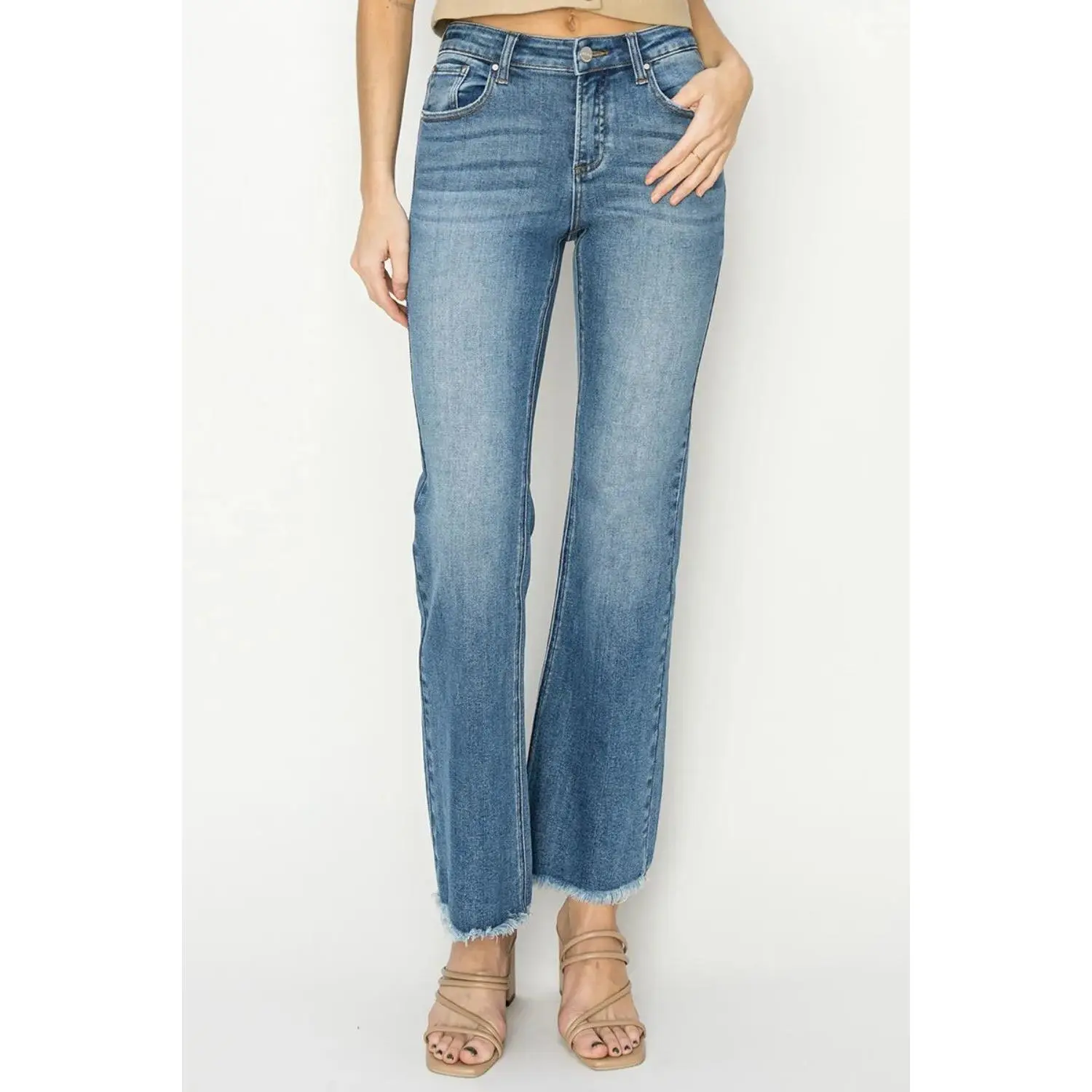 RISEN Mid-Rise Frayed Hem Bootcut Jeans