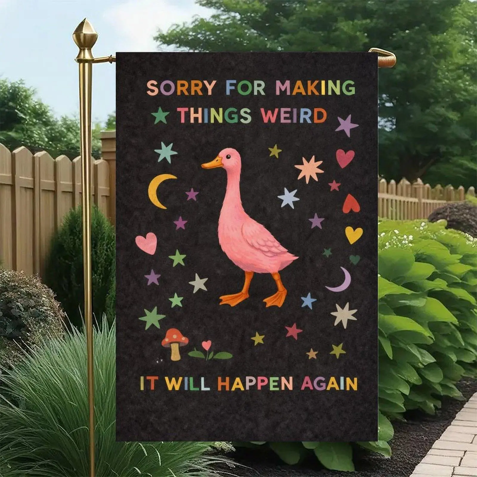 12x18 in Double-Sided Cartoon Duck Fabric Flag - "Sorry For Making Things Weird" Pink Star Mushroom Funny Outdoor Decor, Whimsical Animal Garden Lawn Banner for Home Festive Supplies