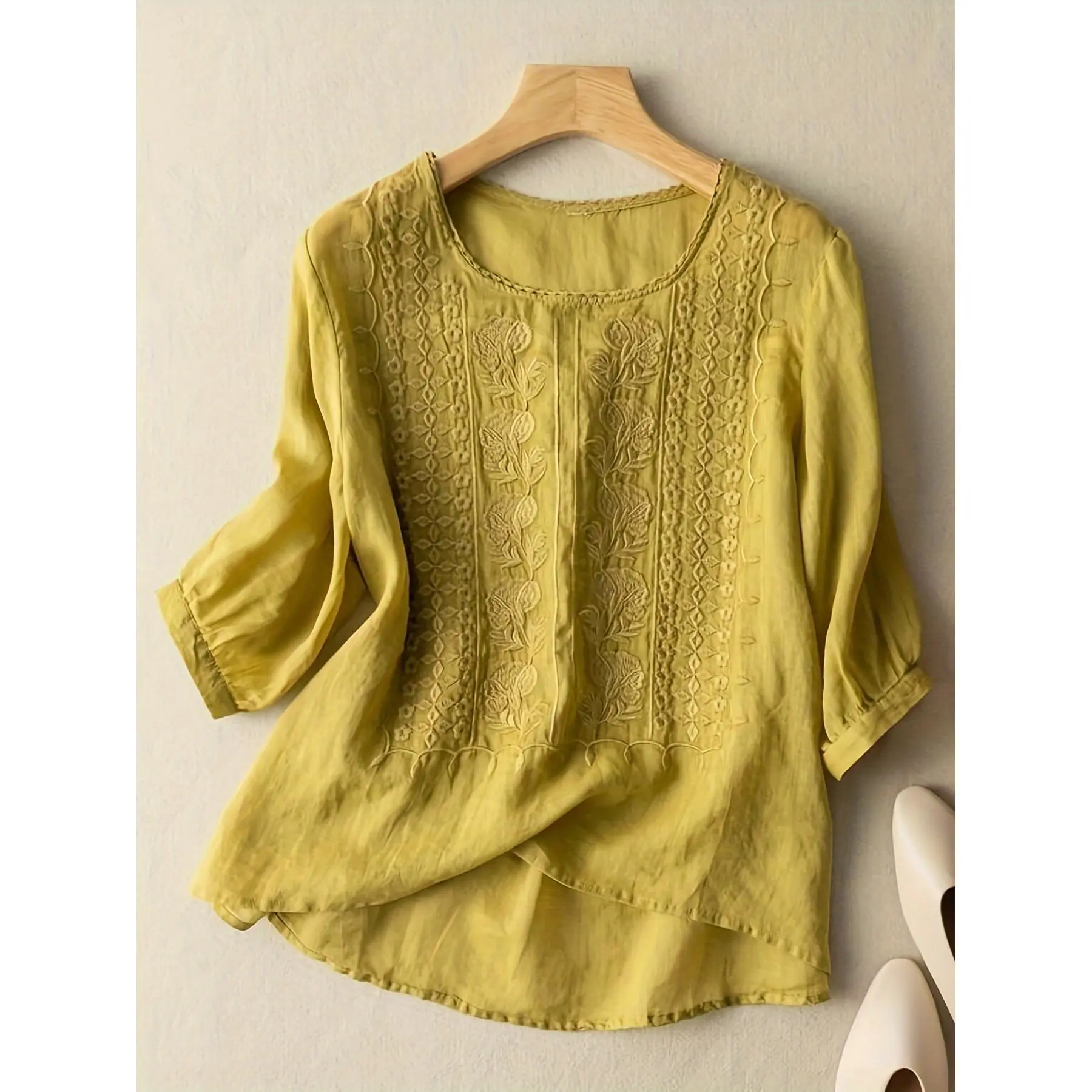 Women's Crew Neck Blouse, Elegant Boho Style with Floral Embroidery, 3/4 Sleeve 100% Cotton All Seasons Shirts Tops