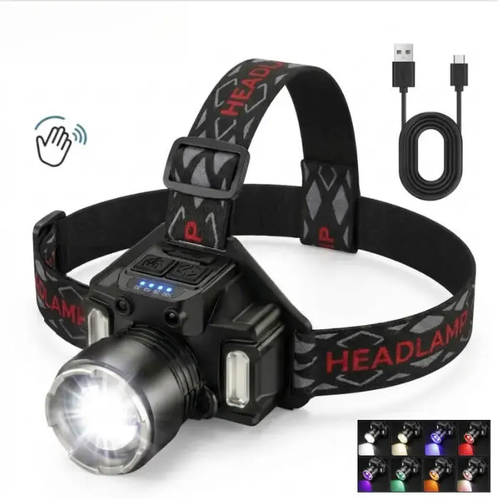 7 in 1 Multicolor Headlamp,Super Bright Led Rechargeable Head Lamp,Zoomable,Motion Sensor,90° Adjustable,COB Flood Light,7 Lighting Colors 21 Modes for Outdoor Running Hiking Fishing