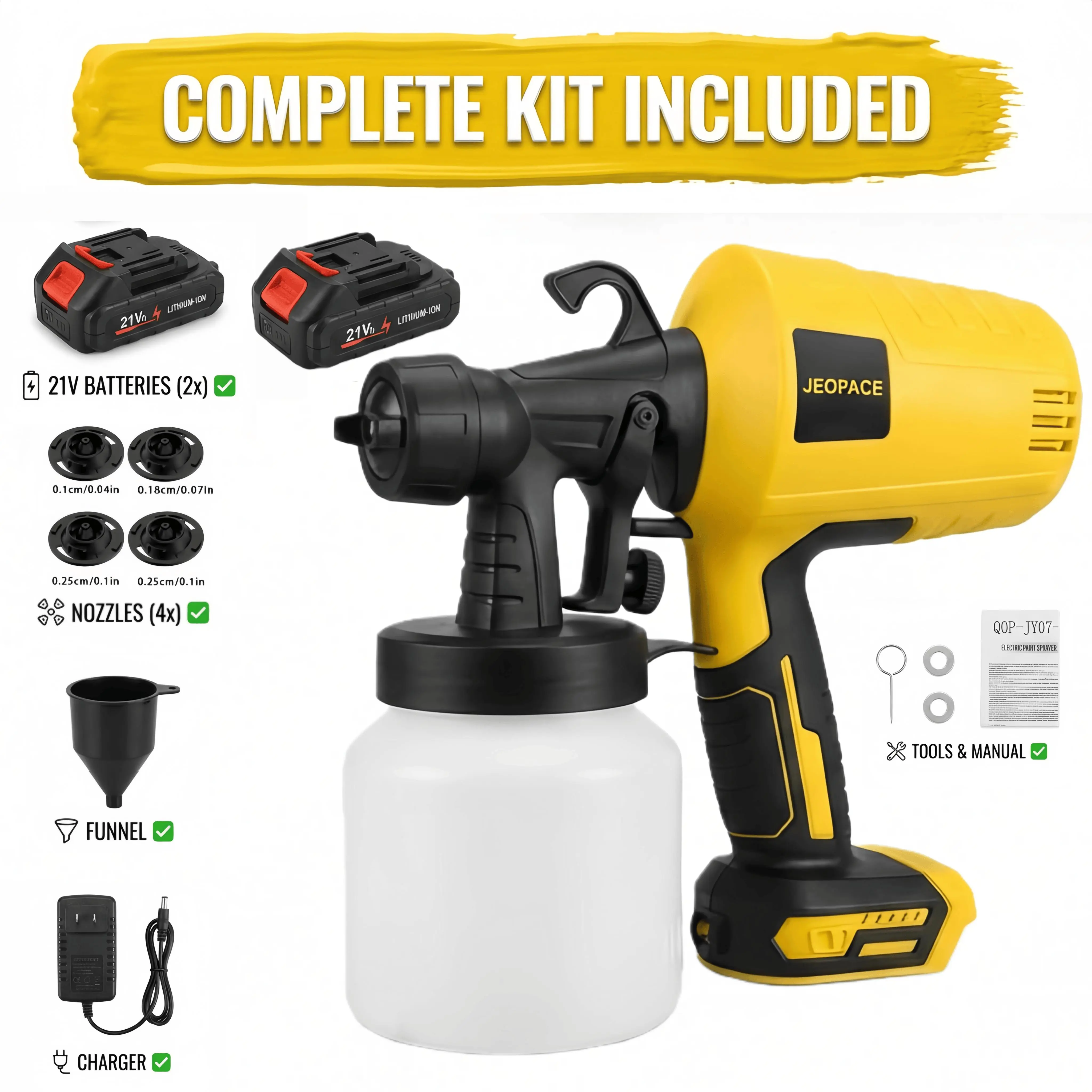Cordless High Power Electric Paint Sprayer 3 Spray Patterns Adjustable Flow Control 27.05oz Container HVLP Paint Gun For Furniture Cabinets Fence Wall Renovation Complete Kit With 2Pcs 21V Batteries