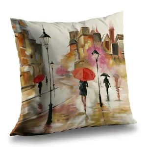 360 Stand Square Shape Twill Fabric Beige Throw Pillow - 14x14in Poly Material, 360-Degree Rotatable Stand, City Life Urban Street Passersby Under Umbrellas Design, Home Textiles Decor Accessory (Model C1PT1414X6DNK7), Soft Cushion