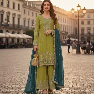 LIME GREEN CHINON EMBROIDERED Designer Salwar Suit Big Size 50/52 with Sequins & Zari Work for Festival Party and Reception Palazzo Style Chinon Fabric Matching Bottom & Contrast Dupatta - Womenswear