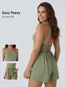 Backless Twisted 2-in-1 Resort Plus Size Romper with Pockets-Easy Edition, Flare Dance Active Dress, Summer Outfits, sport short skirt pant, for dance and casual activities.Built-in shorts with open back waistband for easy peezy bathroom breaks