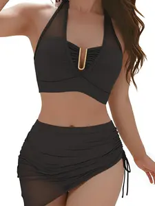 Women's Solid Color Halter Neck Swim Top & Tie Side Cover Up Skirt Set, Sexy Metal Decor Swimwear Set for Beach Holiday Vacation, Ladies Summer Clothes, Halter Bikinis Set