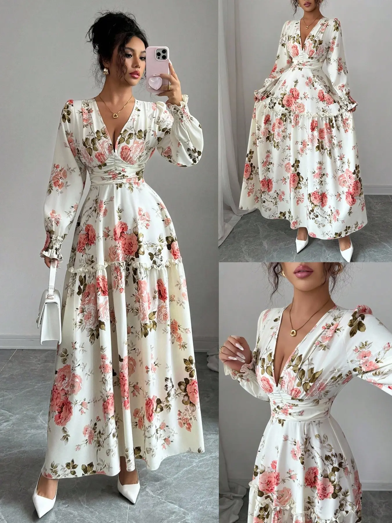 Women's Floral Print Dress, French Romantic Design, Ruched Peter Pan Sleeves, Waist Cinch, Long Party Dress, Versatile Outerwear