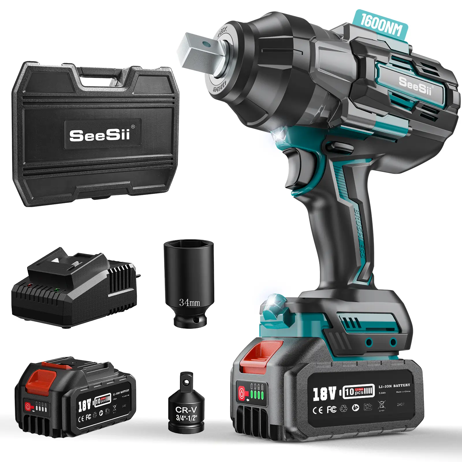 Seesii Cordless Impact Wrench, 1180Ft-lbs(1600N.m) High Torque Impact Wrench 3/4", Brushless Impact Wrench w/ One 5.0Ah Battery & Fast Charger, Electr