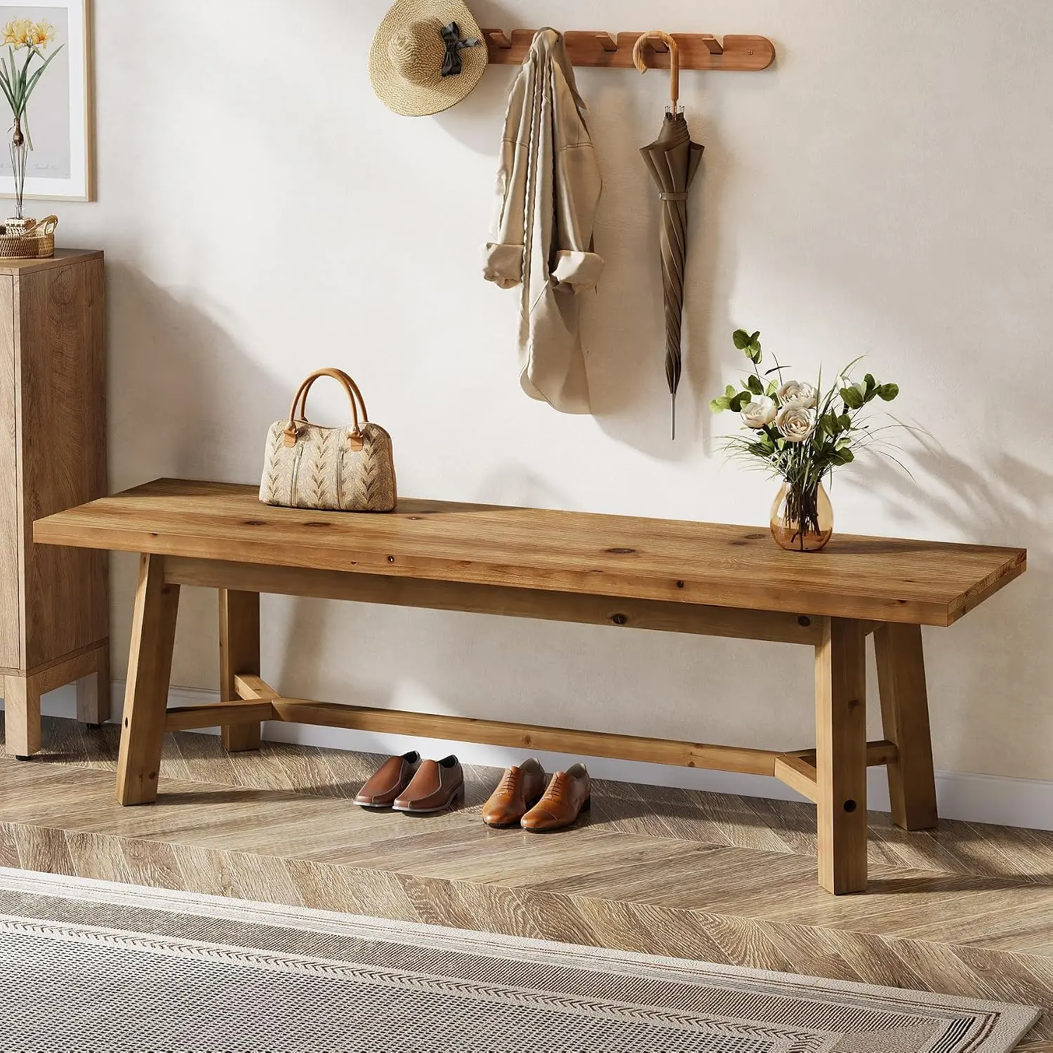 TRIBEWOOD 55 In Armless Rectangular Farmhouse Solid Wood Entryway Bench, 400Lbs Heavy-Duty 2-Seat, Versatile for Hallway, Dining Room Use, Two Seats