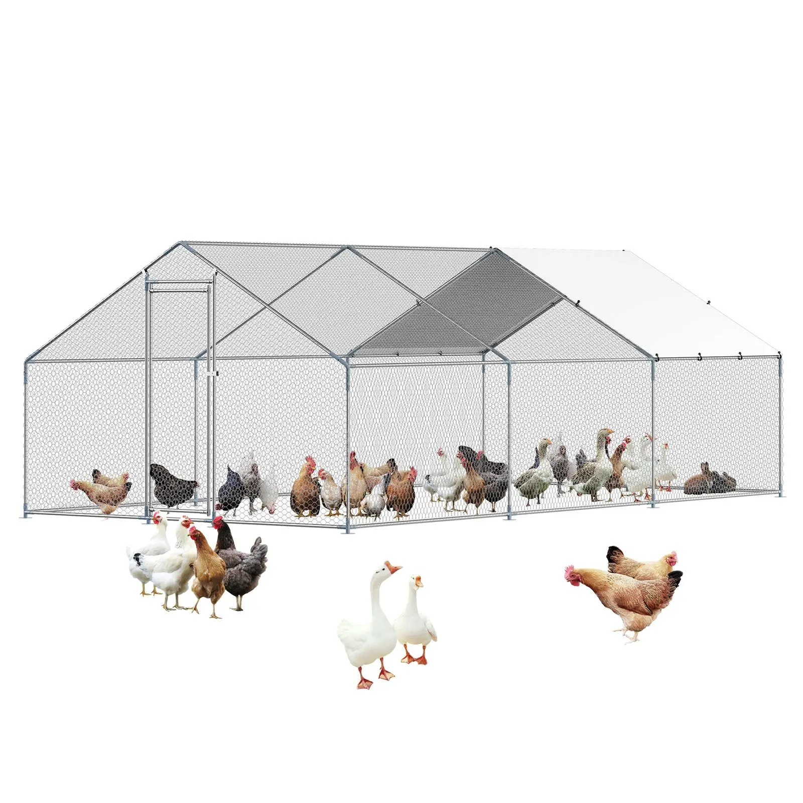 【DealsForYouDays】VEVOR Metal Chicken Coop, 9.8x19.6x6.5 ft Large Walk-in Chicken Runs with Cover, Spire Roof Hen House Enclosure with Security Lock, Outdoor Duck Rabbit Cage Poultry Pen for Backyard, Farm, Yard