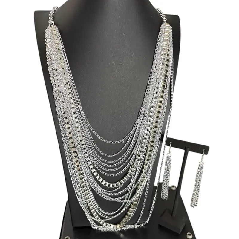 Exaggerated Long Fringed Silver Necklace Earrings Set Multi Layer Necklace with Tassel Detail for Women