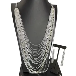 Exaggerated Long Fringed Silver Necklace Earrings Set Multi Layer Necklace with Tassel Detail for Women