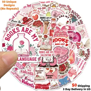 50PCS Bookish Valentine’s Day Stickers - Aesthetic Waterproof Vinyl Decals for Kindle, Laptop, Water Bottle, iPad - Romantic Reader Quotes & Library Humor Gift Set for Bookworms, Students & Teachers - High Quality Vinyl Sticker Pack for Book Lovers