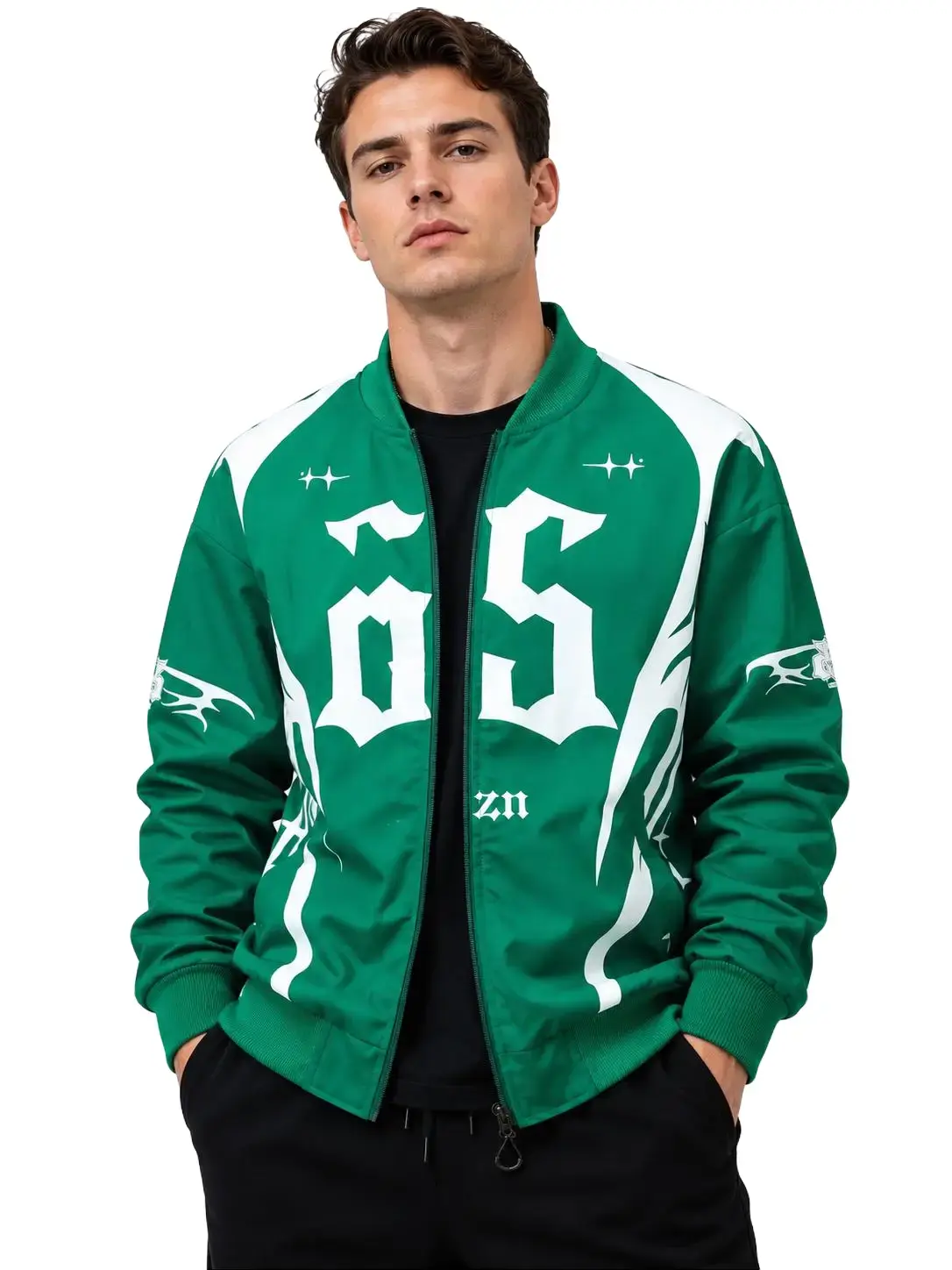 Men’s vintage Mitchell-style baseball windbreaker jacket with S letter print, zipper closure, and elastic ribbed trim—casual hip-hop streetwear for everyday wear