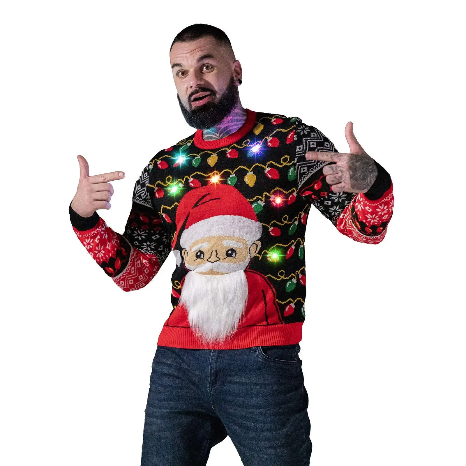 Men's Ugly Christmas Sweater with LED | Unisex Women | Xmas Pullover with Light for Party Festive, XX-Large - Santa Shine