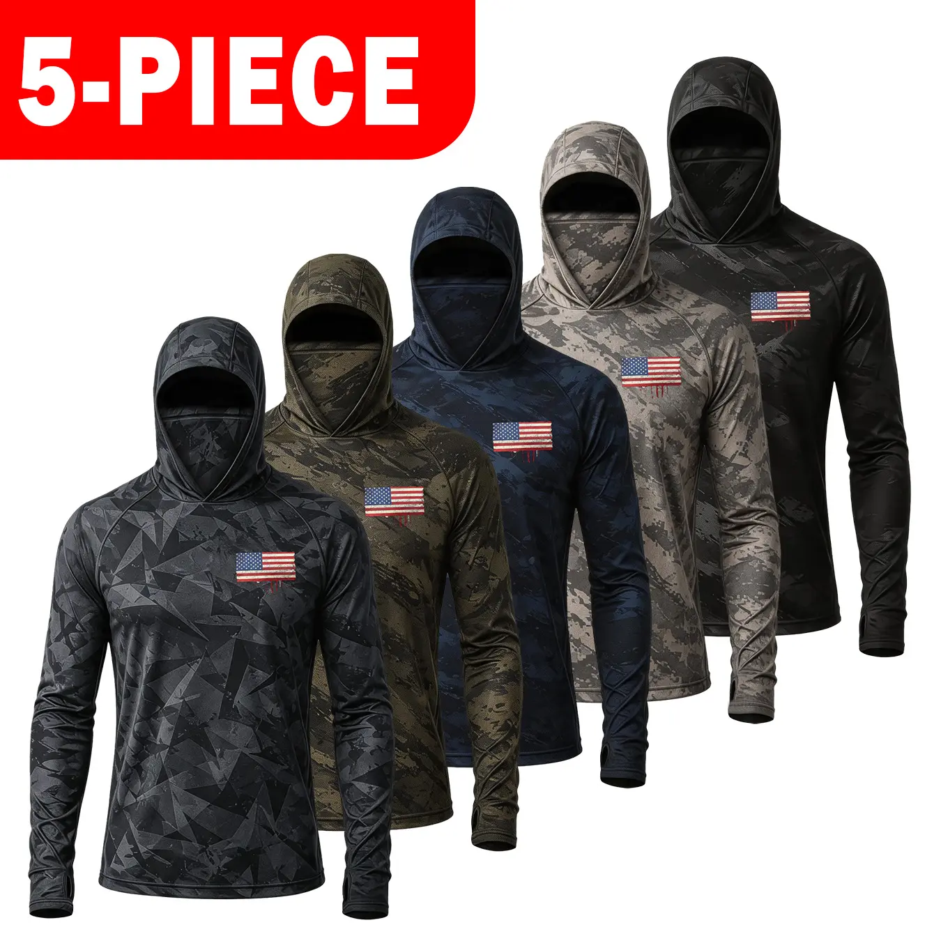 5-Piece Tactical Hoodie Set! Camo + US Flag Print, Long Sleeve Sun Protection for Outdoor/Training! #TacticalGear #CamoHoodie #USFlagStyle