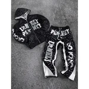 Men's Letter Print Long Sleeve Zip Front Hoodie & Sweatpants Casual Tracksuit Set Streetwear Graphic Tracksuit Zip Up Hoodie & Jogger Set Fall Clothes
