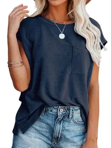 Women's Summer Sleeveless Pocket Solid T-Shirt, Slim Fit Casual Loose Top, Stylish Versatile Fashion Tee for Daily Wear