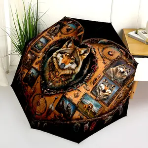 1 PC Automatic Folding Umbrella - Wolf Heart Dreamcatcher Artwork Pattern, Portable & Foldable Design with 8 Ribs, Merry Christmas Pattern,Casual Outdoor Accessory Halloween and Christmas Birthday Gifts. G0079