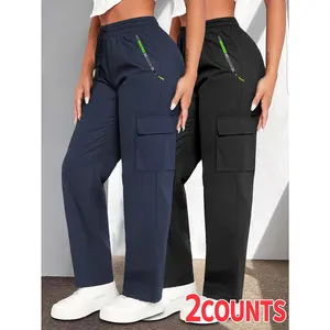Women's 2pcs Heavy-Duty Cargo Pants - Full-Zip Multi-Pocket Design, Drawstring Waist + Belt Loops for Work/Travel/Fall