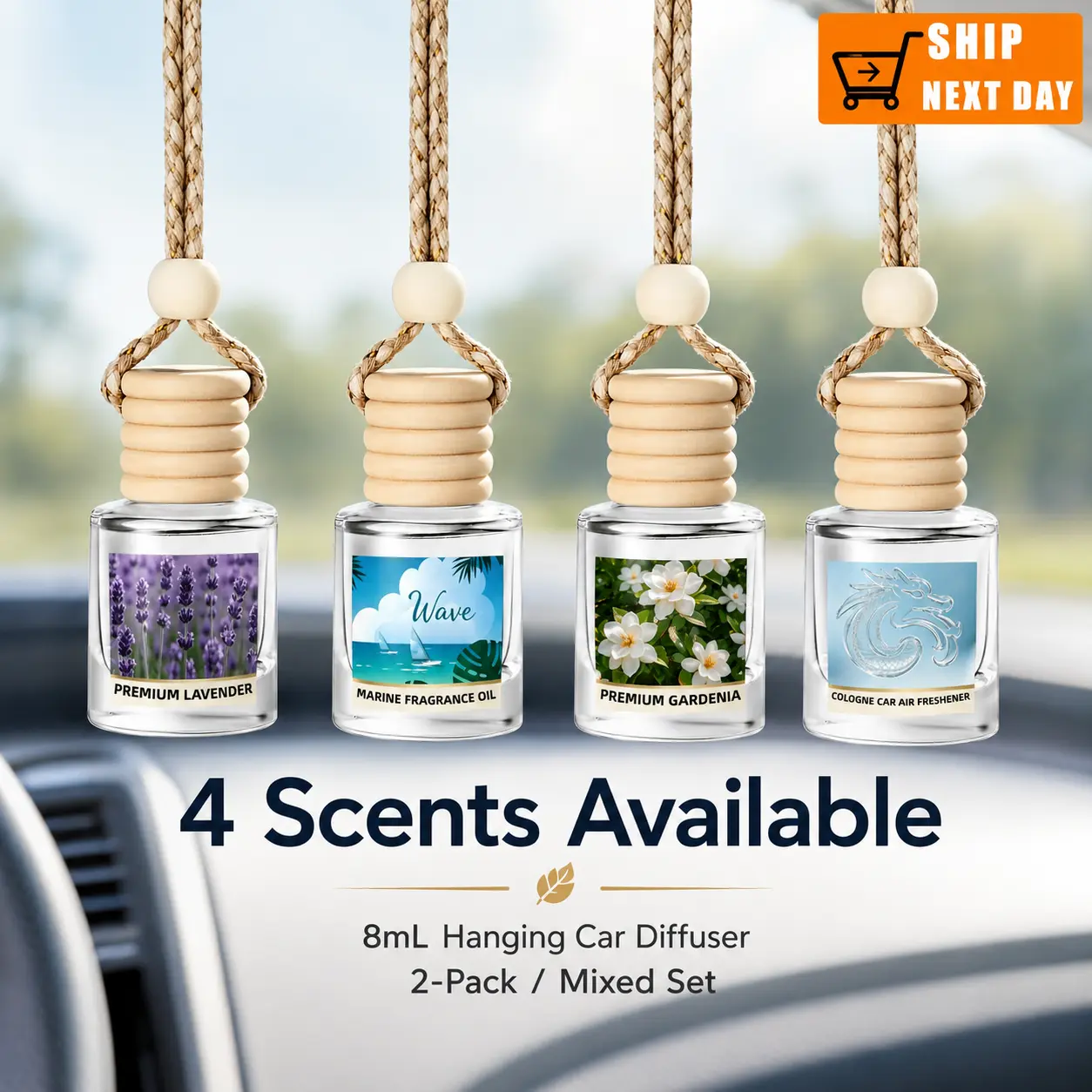 Hanging Car Diffuser - Glass Bottle & Plastic Auto Fragrance with Lavender, Gardenia, Cologne, Marine Scent Oils for Rearview Mirror & Closets, Fragrance Oil, Lavender Scent