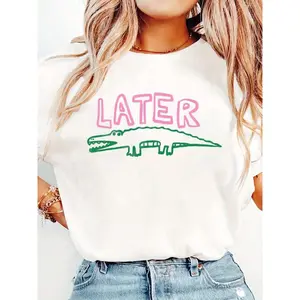 Women's Funny Later Gator T-Shirt - Sarcastic "Later" Crocodile Graphic Tee In White & Pink - Lightweight Everyday Shirt For Women - Machine Washable Casual Top, Allseason Apparel, Playful Graphic Shirt